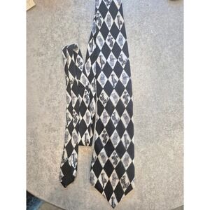 VINTAGE Pooh Disney Necktie Black White 100% Silk Diamond Pattern Cartoon Tie